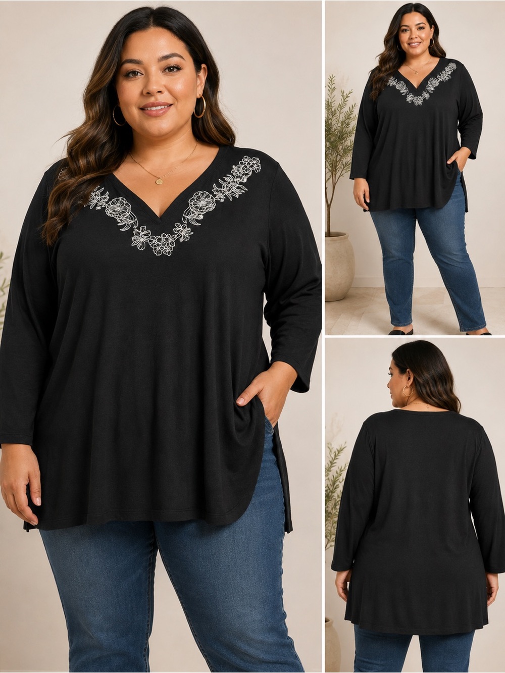 Liz Claiborne XXL Black Floral Embroidered V-Neck Tunic Top NWT.